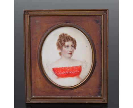 19th century portrait miniature of a young lady with hair in ringlets wearing a white dress with red bodice. Mounted in an ea