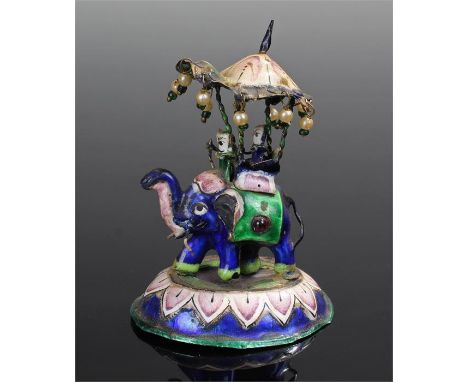 Rare 19th Century possibly Jaipur chess piece made of enamel and silver model as an elephant with howdah,  the King piece ins