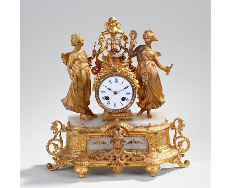 19th Century French gilt spelter and alabaster mantel clock, the figural clock above the alabaster base with gilt mounts, whi