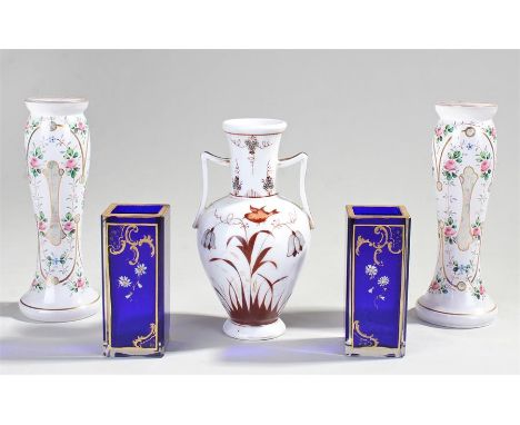 Pair Victorian enamel and glass flower vases, with white bodies and foliate decoration, 16.5cm high, together with a pair of 