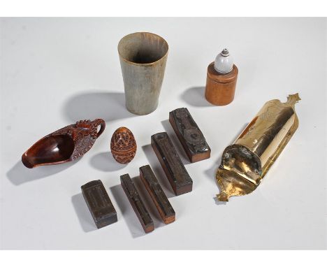 Works of art, to include a brass candle box, a horn cup, barometer print blocks, a treen show and and a treen pot, (10)