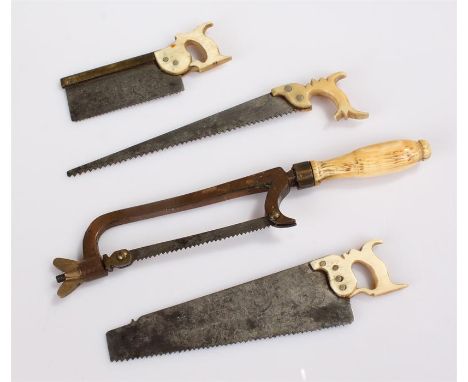 Unusual and charming set of 19th Century miniature tools, each as saws with bone handles and steel saw blades, size range 5.5