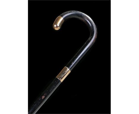 c1935 Gentleman's crook handled ebony stick with 9ct gold top (marks indistinct) and collar, the collar with presentation ins