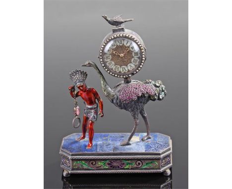 Fine early 20th Century Austrian pearl, ruby and lapis lazuli novelty miniature desk timepiece, the silver case with a drum d