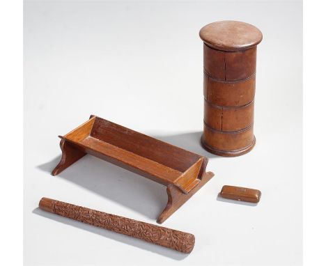 Collection of treen to include a box wood spice tower of four section, a desk pen tray of trough form, a small wooden hinged 