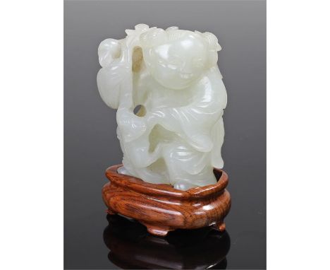 Pale green jade formed as a smiling child with a squirrel at her side and a parrot on her shoulder with a fitted stand. Heigh