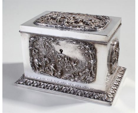 Fine Victorian silver plate and gilt tea caddy, the exterior of the caddy decorated with bacchus riding a mule with fauns and