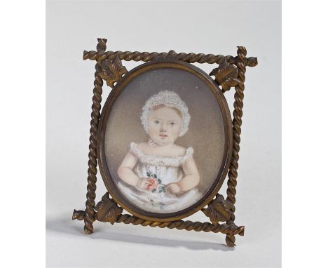 J W Rubridge miniature oval portrait of a small child wearing a white dress and bonnet and holding a rose. Oil on ivory, sign