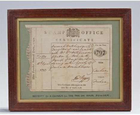 Rare certificate dated April 1797. A receipt for a Guinea for the tax on hair powder. The certificate to Hannah Hutchinson da