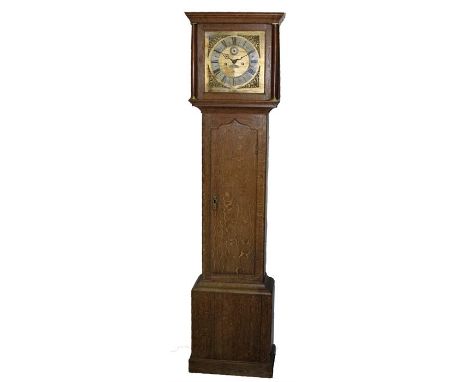 Dark longcase clock, weights, pendulum.