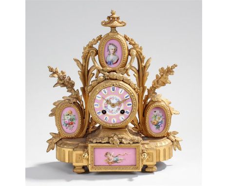 19th Century French gilt spetler and porcelain mantel clock, the urn top above pink porcelain panels of a lady and flowers ab