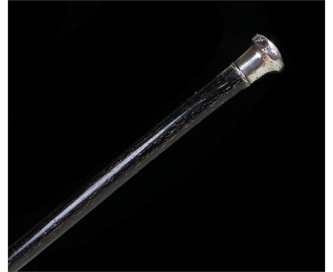 Silver topped walking stick with ebonized shaft brass ferrule. Marks rubbed length 91.5cm 