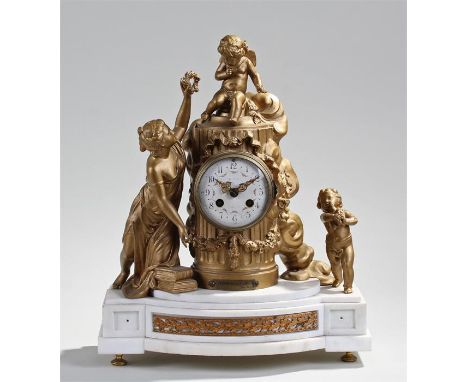 19th Century gilt spelter and marble mantel clock, the cherub top with a lady and young child to the side raised on marble ba