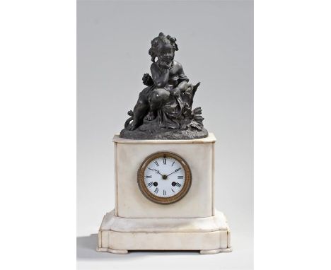 19th Century spelter and marble mantel clock, with the figure of a young girl above the marble base housing the white enamel 