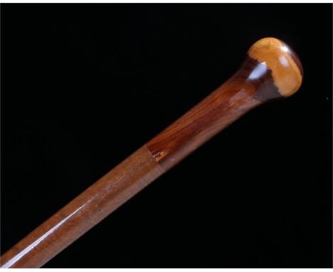 Victorian mulberry walking stick with knob top and brass and steel feral. length 92.5cm