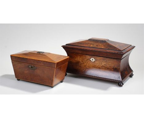 Victorian rosewood tea caddy, of sarcophagus from with a hinged lid enclosing two tea compartments and a central reservoir,  