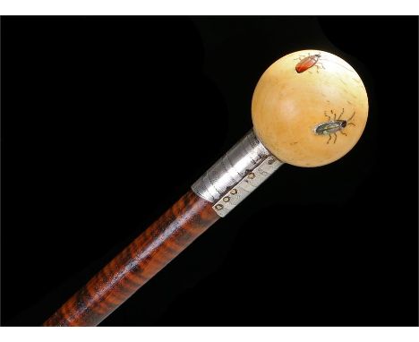 19th century Japanese Shibayama walking stick with an ivory ball inlaid with insects, with white metal collar. length 87cm