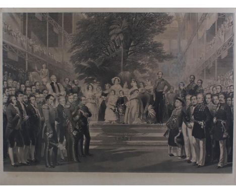 Victorian print, The opening of the Great Exhibition at Crystal Palace 1852, housed within a maple frame 115cm x 90cm