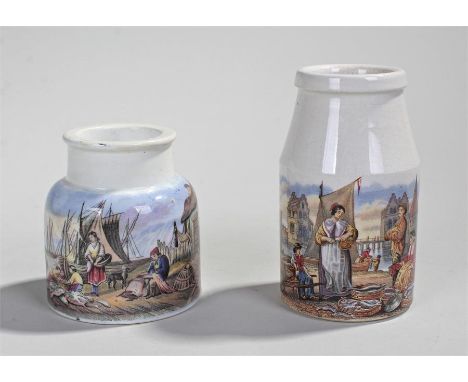 Two circa 1850 potted meat/fish paste jars, mending the nets and continental fish market, both probably  F & R Pratt factory,