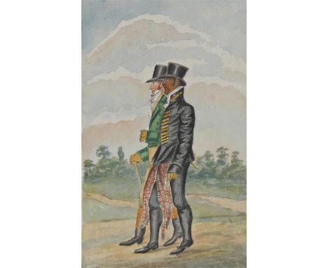 George III watercolour sketch, taken in Kensington Gardens in June 1817 depicting two gentlemen. Framed 33cm x 23cm 