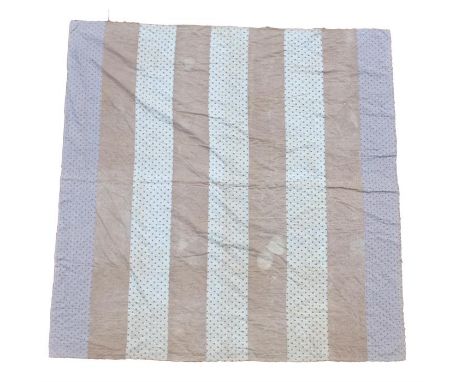 Patch work quilt, with lines of beige decorated fabric, 190cm long x 216cm, together with a white quilt with blue and yellow 
