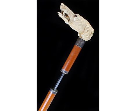 Exceedingly fine Victorian ivory dog head sword stick, the large carved head with glass eyes, a silver collared Malacca cane 