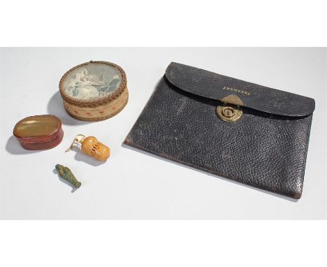 Mixed lot to include a leather letter wallet with three sections, the two outer compartments marked in gilt letters "answered
