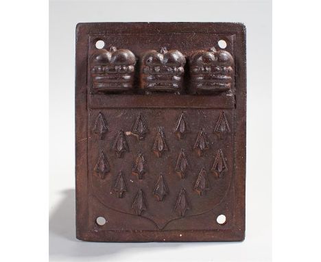 Cast iron coat of arms of rectangular shape plaques decorated in a shield shape with three coronets and arrow heads. 22.5cm x
