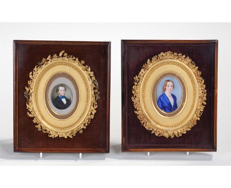 19th Century portrait miniature, of a gentlemen with blue bowtie and white shirt, housed within an associated gilt frame and 