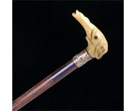 Rosewood stick with carved horn handle in the shape of an elephant gilt collar and brass ferrule. Length 56.5cm
