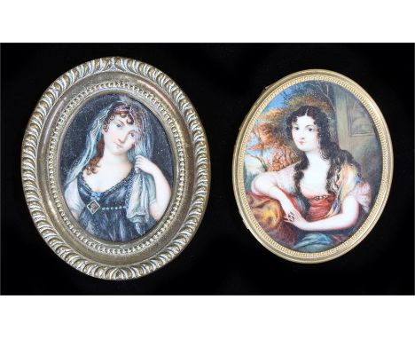 Two 19th Century portrait miniatures, the first a lady with a colourful dress and forest in the back ground, 6cm wide, the se