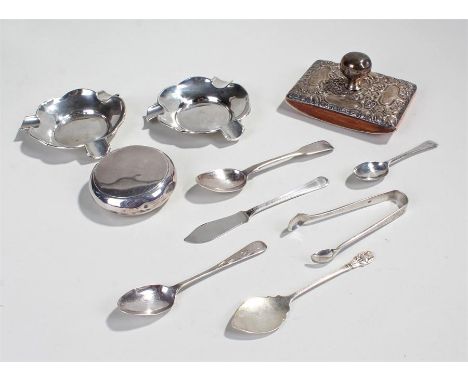 Silver objects, various dates and makers, to include a blotter, squeeze tobacco box, two ashtrays and a selection of flatware