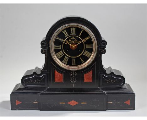 Victorian black slate mantel clock, of large proportions, the arched case with marble insets, black chapter ring with Roman g