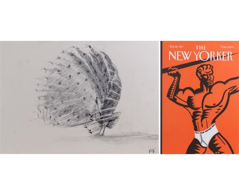 Michael Roberts Pencil drawing of a peacock in the wind with monogram and a print of The New Yorker Magazine depicting an ath