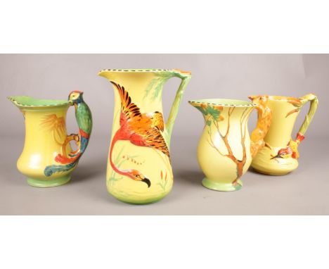 Four Burleigh Ware 1930's hand painted jugs. 'Flamingo', 'Parrot' 'Squirrel' 'Humming bird'.  