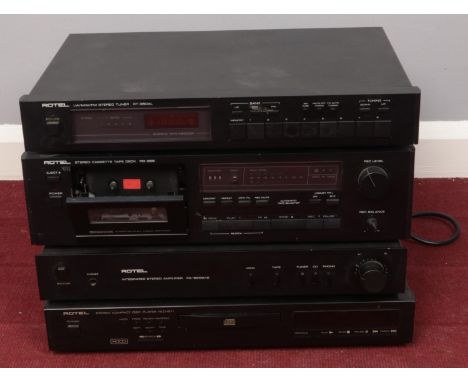 A quantity of Rotel hi-fi equipment. Including Amplifier, Stereo tuner, Cassette deck, etc.  Cassette deck doesn't close.