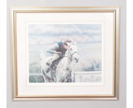 A Peter Mailer Yates, Limited edition colour print of Desert Orchid. ( Cheltenham Gold Cup 1988). No 408/850 signed by the ar