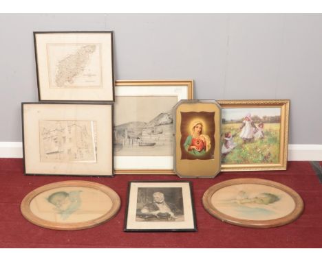 A collection of pictures and prints. Includes sketches, religious print, oilograph etc.  