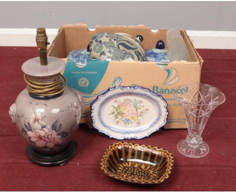 A box of miscellaneous. ceramic table lamp, glass vases, ceramic dishes.  