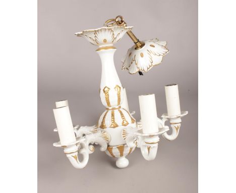 A five armed ceramic chandelier decorated in white and gold. H: 52cm.  Condition good. Just slight nibbles on the edges of th
