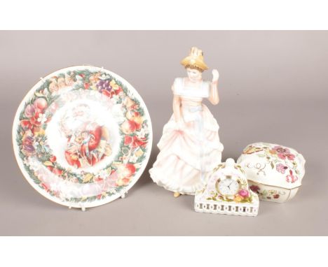 Four pieces of ceramics - comprising of Royal Albert 'Old Country Roses' miniature clock, Royal Doulton figure 'Sharon' &amp;