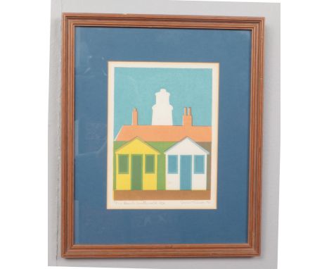 Mona Thomson, framed Silkscreen print. 'The Beach Southwold' 1970 Limited Edition 7/40, 15.5 x 12cm.  