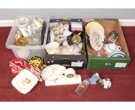 Three boxes of miscellaneous. Includes pottery mantel clock, cake stands etc.  