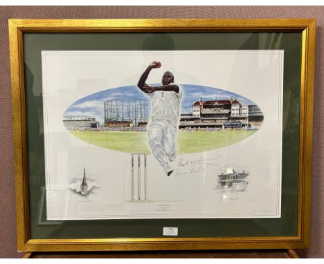 A signed Darren Woolley limited edition print, Devon Malcolm, no. 84/500, framed