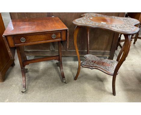 An Edward VII carved two tier occasional table and a Regency style mahogany sofa table 