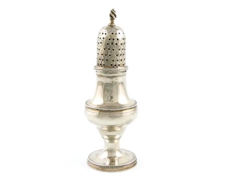 A George III silver pepper pot, by Hester Bateman, London 1782, baluster form, beaded borders, the pull-off cover with a flut