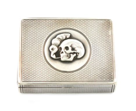 A Victorian silver snuff box, by Henry Dee, London 1865, rectangular form, engine-turned decoration, the hinged cover with a 