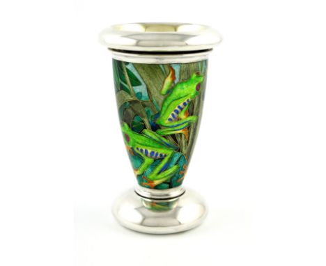 By Fred Rich, a modern silver and enamel vase, London 1994, also signed 'Fred Rich 94', tapering cylindrical form, enamelled 