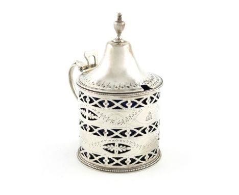 A George III silver mustard pot, by Hester Bateman, London 1787, circular form, scroll handle, domed hinged cover, urn finial