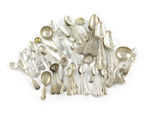 A mixed lot of silver flatware, various dates and makers, comprising: a set of six Victorian single-struck Queen's pattern ta